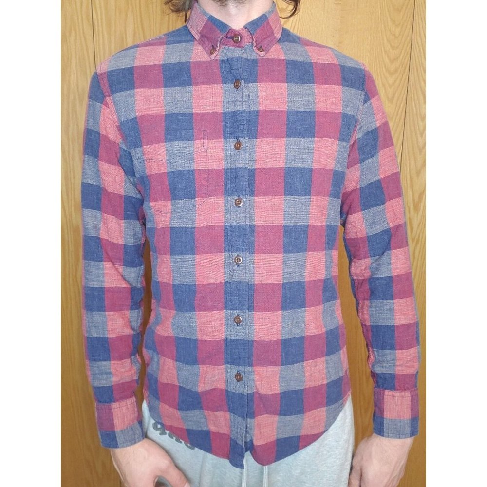 J Crew Men's Homespun Slim Blue Red Cream Button Up Down Shirt Size S Plaid